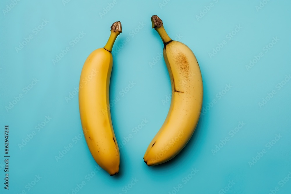 Two yellow bananas are placed on a blue background, facing each other. Two yellow bananas are placed on a blue background, facing each other.