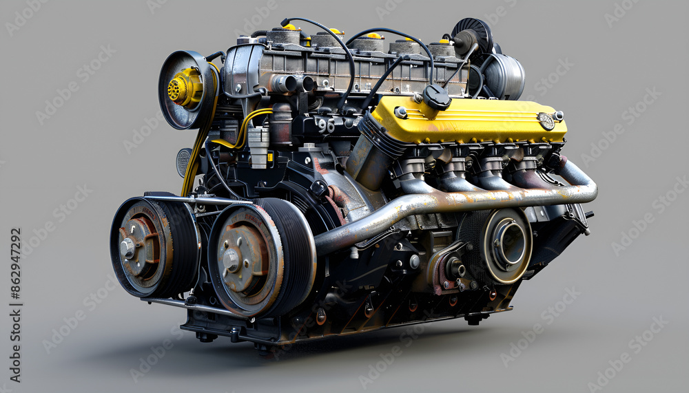 engine repair. cylinder head in the workshop, Car engine on grey background engine repair. cylinder head in the workshop, Car engine on grey background