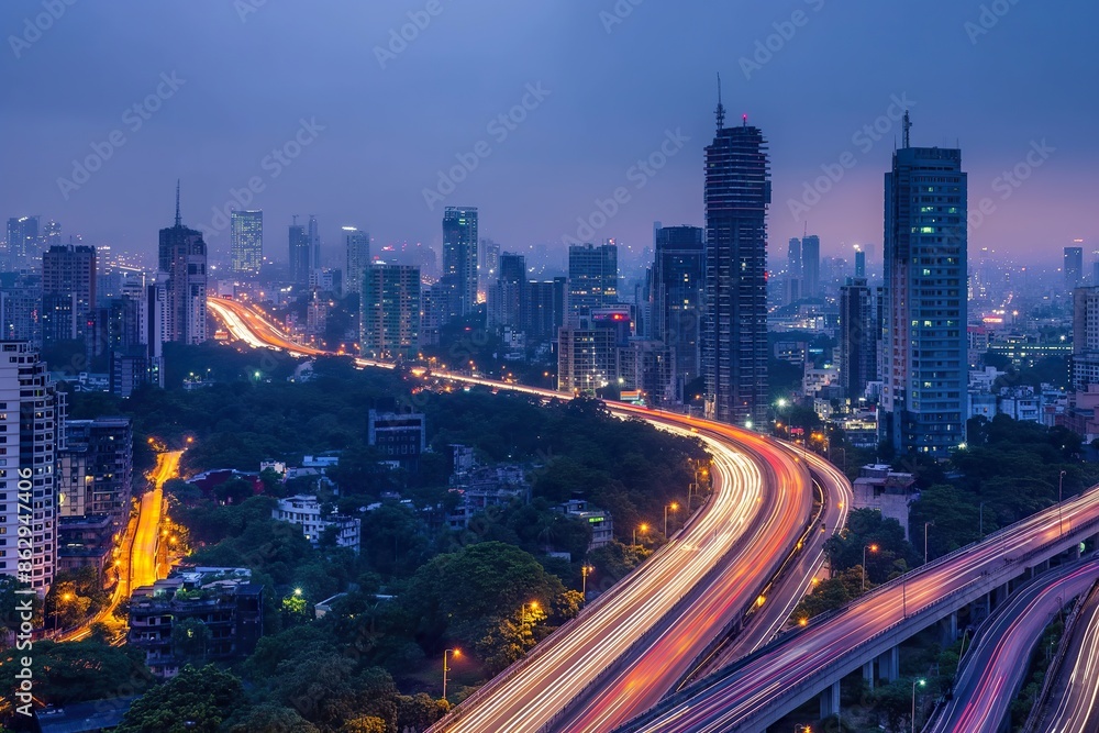 Fototapeta premium A night time aerial view of Mumbais skyline, featuring a highway with bright light trails.