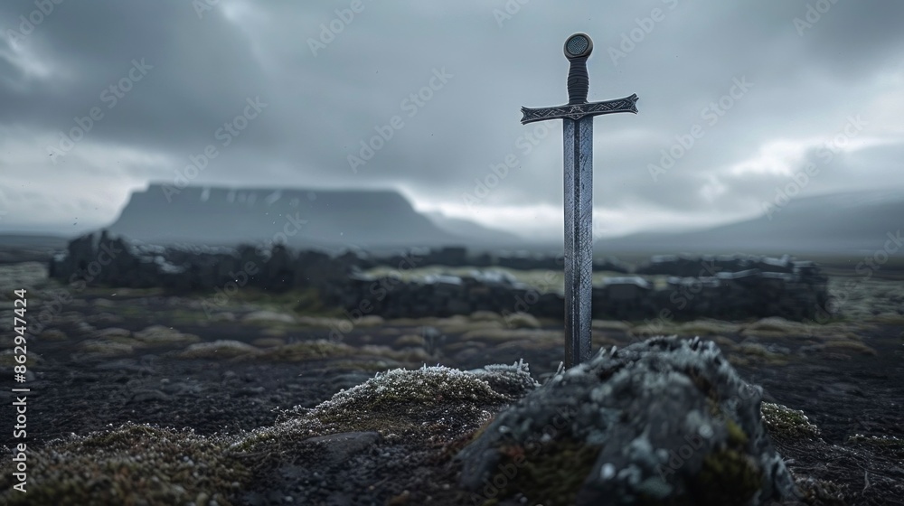 viking sword buried in a hill with fog viking sword buried in a hill with fog