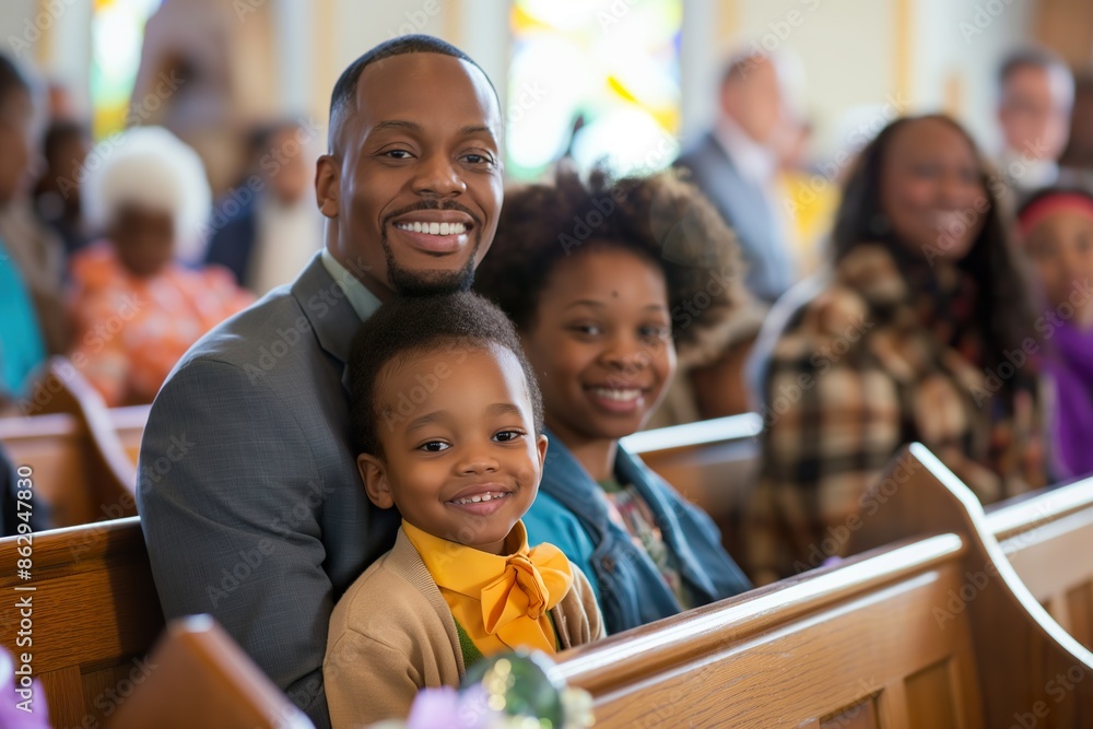 Fototapeta premium A family smiles during a church service, showcasing the importance of faith and community.