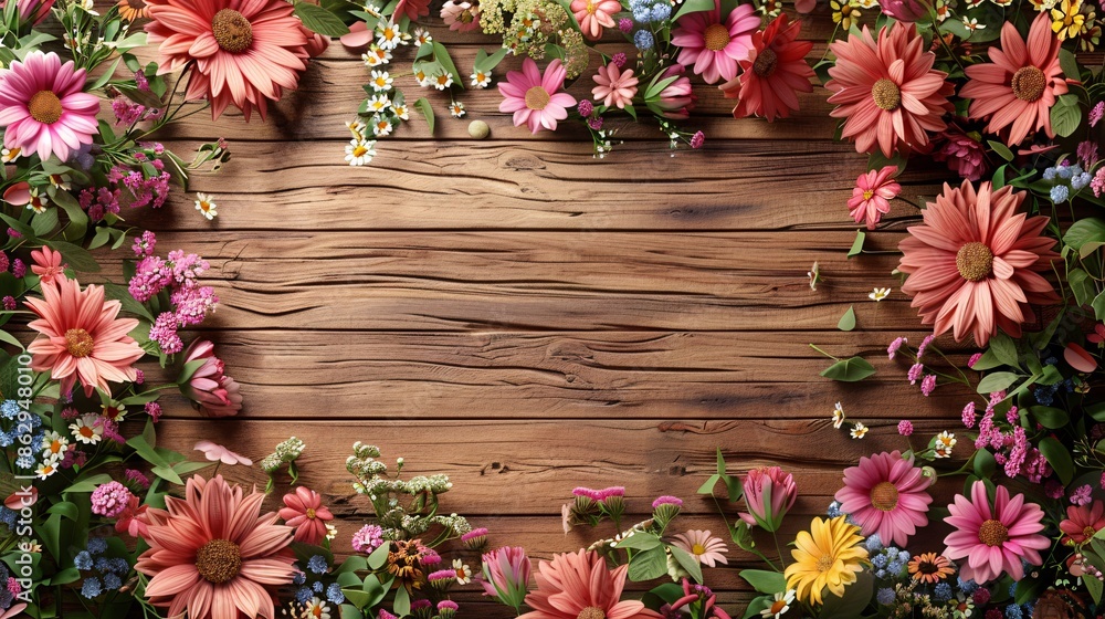 Fototapeta premium Beautiful Floral Frame on Rustic Wooden Background, Vibrant Blossoms Creating Natural Border, Colorful Flower Arrangement for Spring and Summer Themes, Perfect for Invitations and Nature-Inspired Desi
