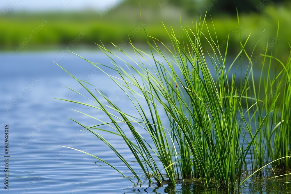 Close-up of vetiver grass growing in a lagoon, used for natural wastewater treatment. Close-up of vetiver grass growing in a lagoon, used for natural wastewater treatment.
