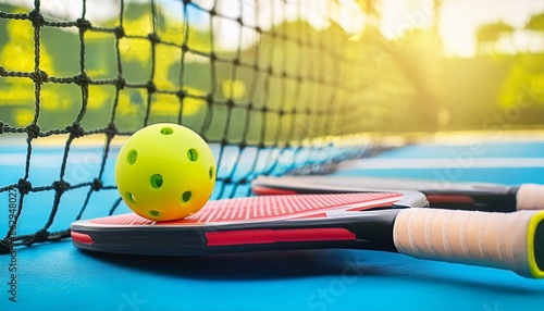closeup of pickleball, paddle at the net of a pickleball court