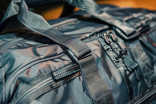 Closeup of a durable and spacious duffle bag with multiple compartments and reinforced handles for easy transport photo