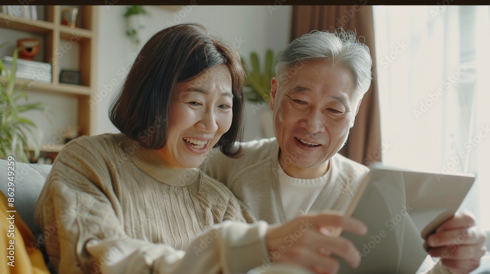 Senior asian couple joyfully video calling family at home in realistic canon style photo Senior asian couple joyfully video calling family at home in realistic canon style photo