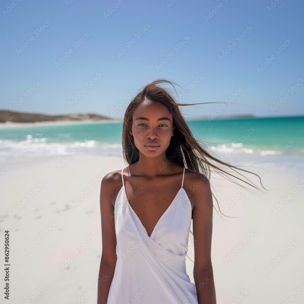portrait of african american woman in white summery dress standing on the beach; summer, sea, vacation vibe; wind blowing her black hair portrait of african american woman in white summery dress standing on the beach; summer, sea, vacation vibe; wind blowing her black hair