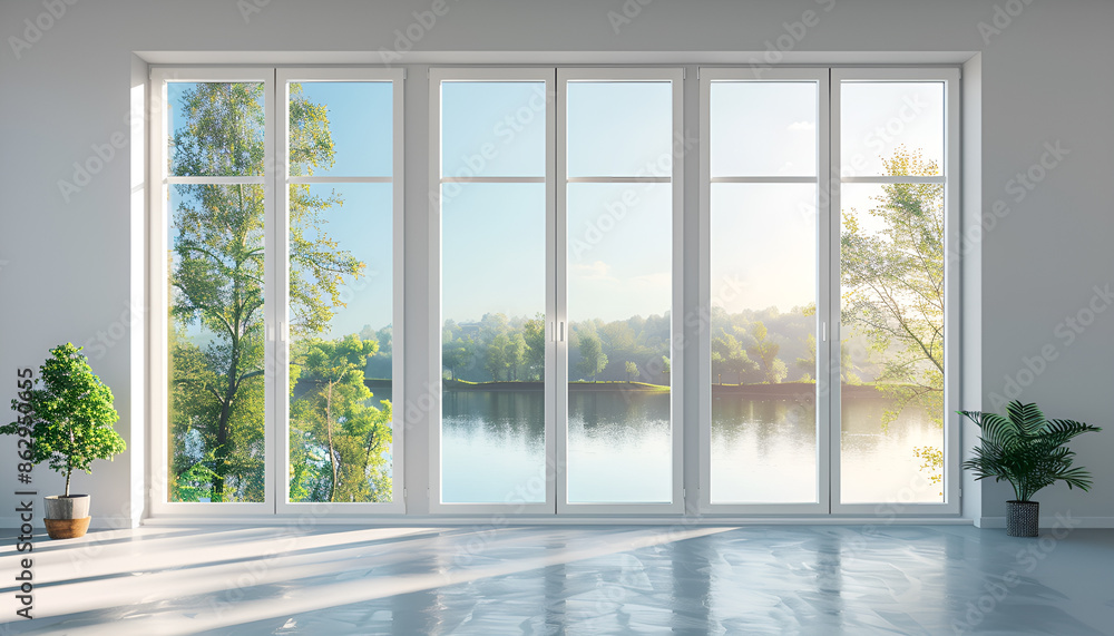 Fototapeta premium new plastic pvc window with white metal frame installed at modern house, view of blurred green trees. advertising concepts