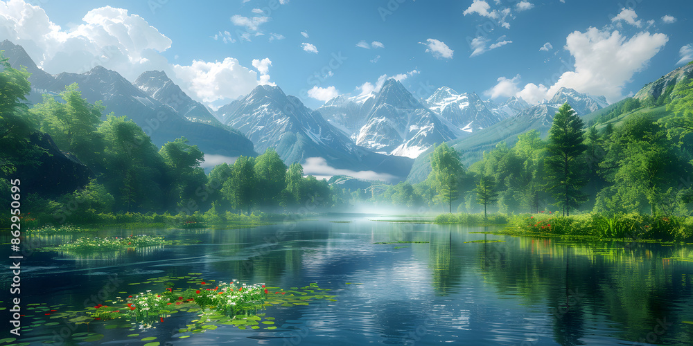 Fototapeta premium Scenic Swiss Alpine Landscape with Snowy Mountains and Tranquil River