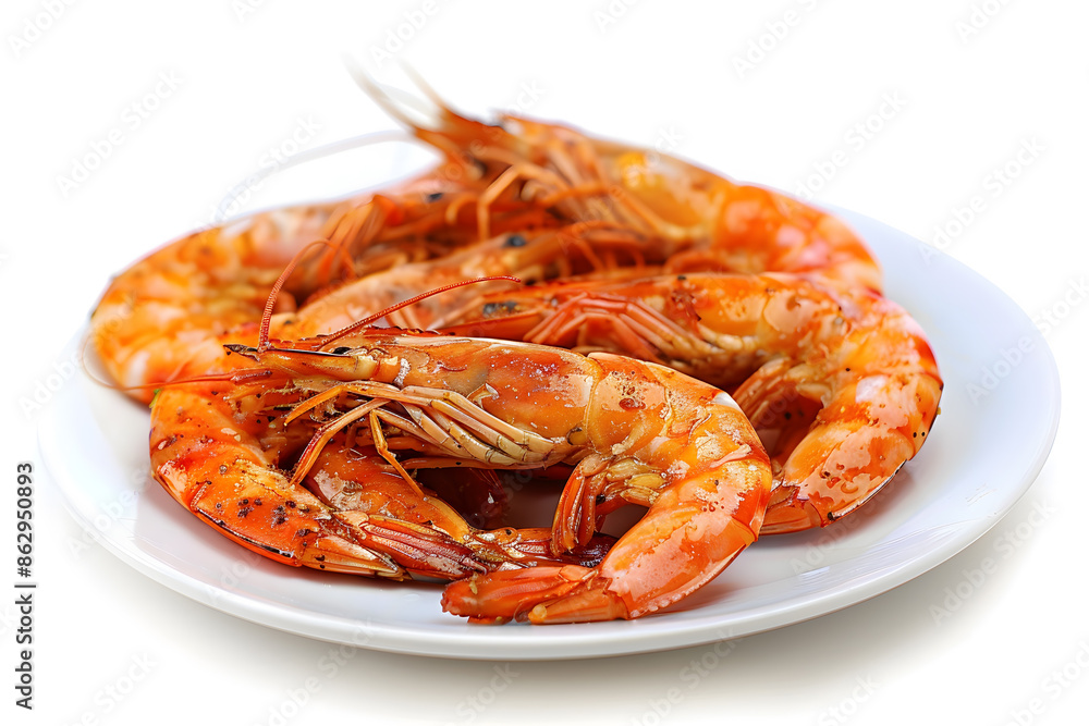 Delicious shrimps on white plate isolated on white background Delicious shrimps on white plate isolated on white background