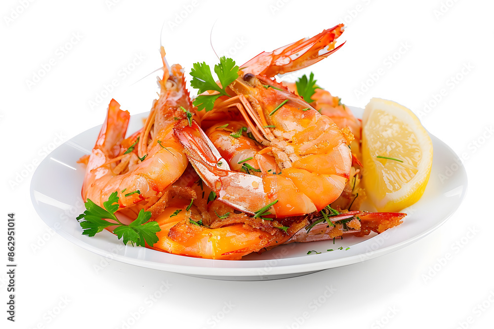 Delicious shrimps on white plate isolated on white background Delicious shrimps on white plate isolated on white background