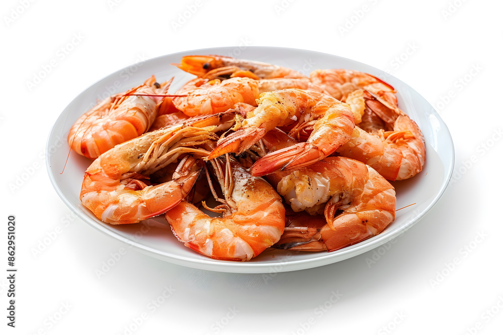 Delicious shrimps on white plate isolated on white background Delicious shrimps on white plate isolated on white background