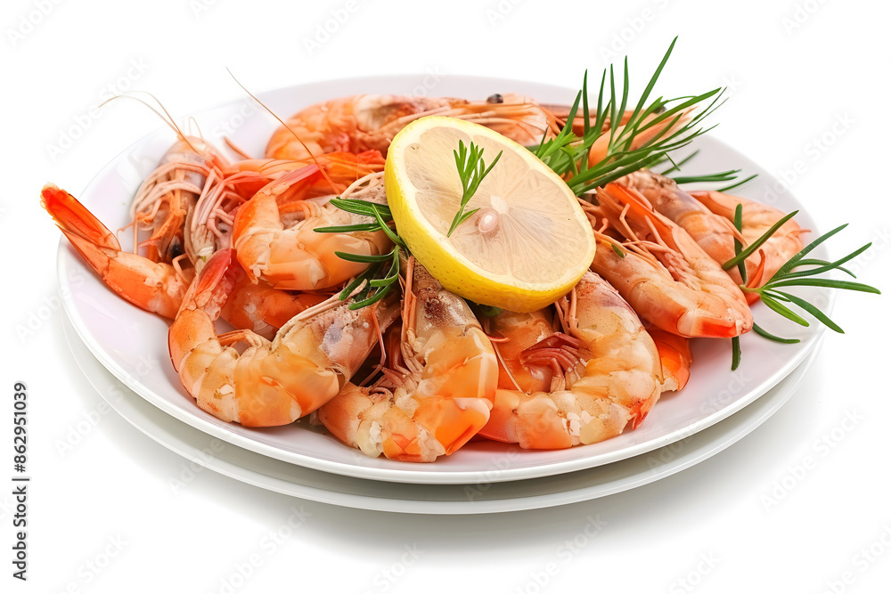 Delicious shrimps on white plate isolated on white background Delicious shrimps on white plate isolated on white background