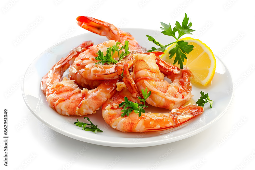 Delicious shrimps on white plate isolated on white background Delicious shrimps on white plate isolated on white background