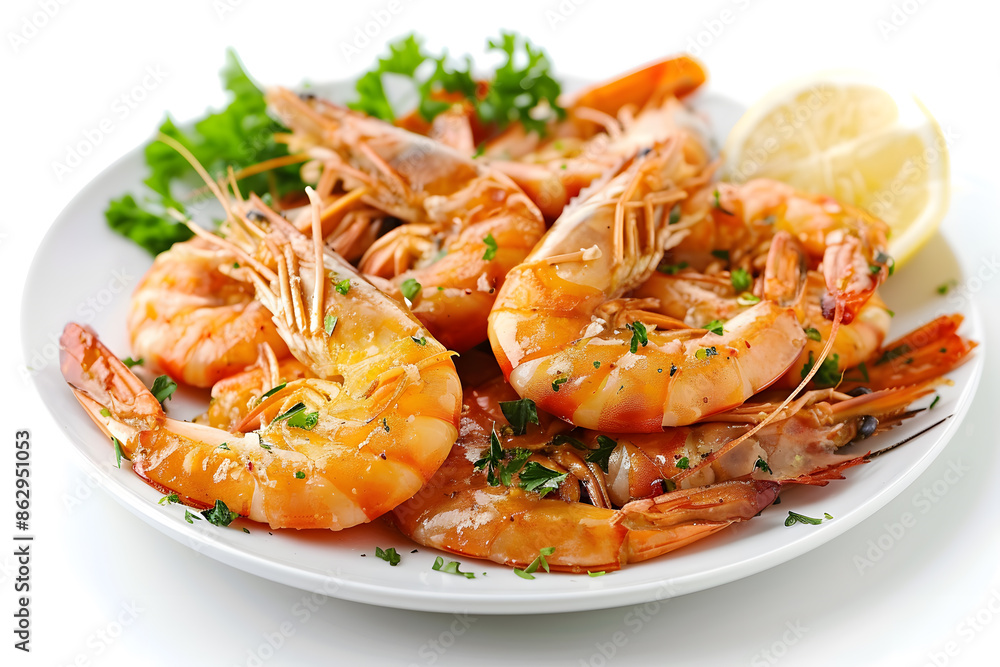 Delicious shrimps on white plate isolated on white background Delicious shrimps on white plate isolated on white background
