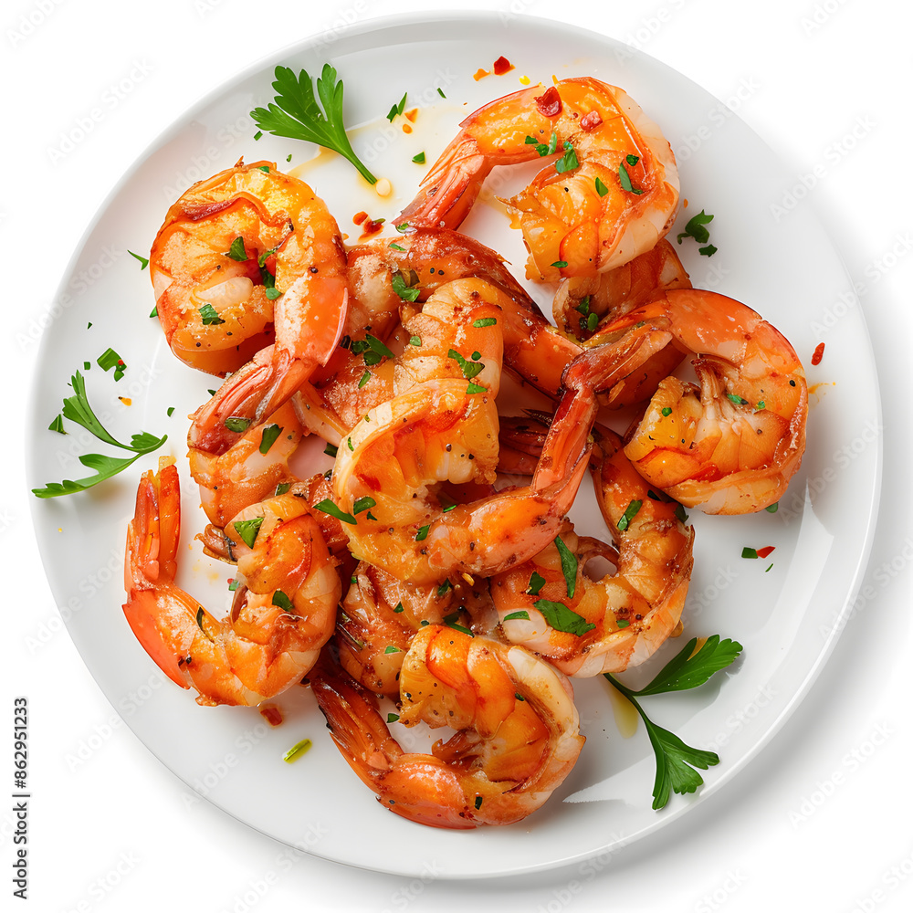 Top view Delicious shrimps on white plate isolated on white background Top view Delicious shrimps on white plate isolated on white background