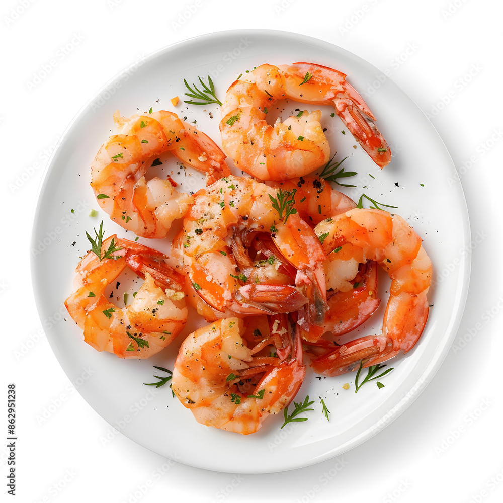 Top view Delicious shrimps on white plate isolated on white background Top view Delicious shrimps on white plate isolated on white background