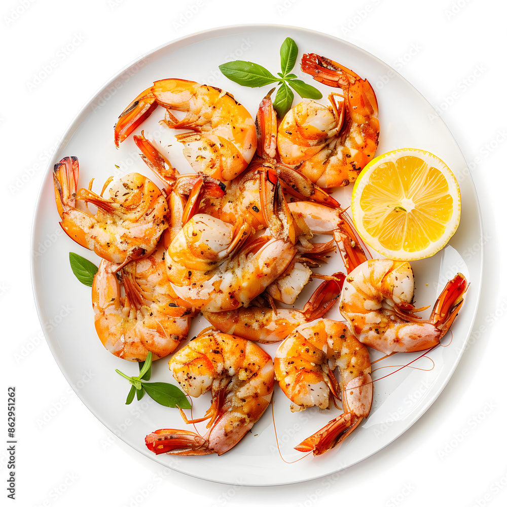Top view Delicious shrimps on white plate isolated on white background