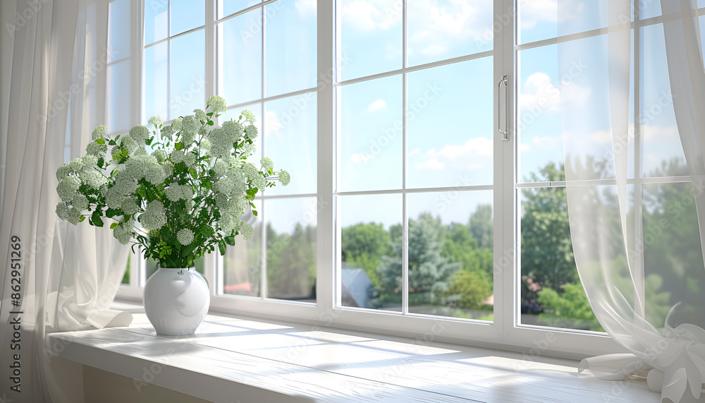 Fototapeta premium new plastic pvc window with white metal frame installed at modern house, view of blurred green trees. advertising concepts
