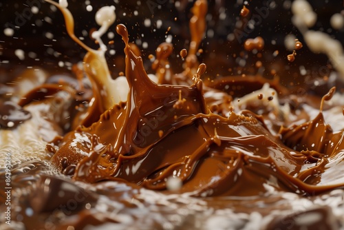 Sumptuous caramel and chocolate sauce swirls capturing the essence of indulgent dessert ingredients. 