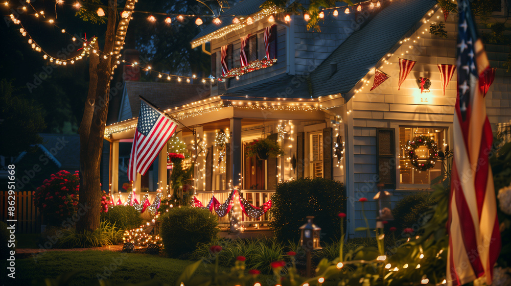Fototapeta premium House decorated with American flags, bunting, and patriotic lights, decorations, house, Independence Day, flags, bunting, lights, patriotic, festive