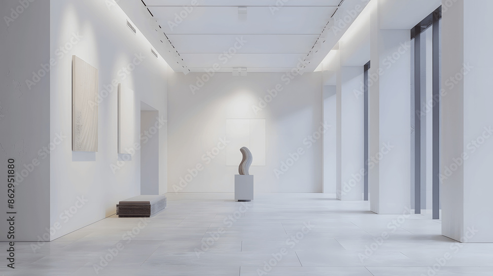 Minimalistic art gallery with white walls and sculpture centerpiece Minimalistic art gallery with white walls and sculpture centerpiece