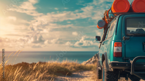 A summer road trip with a car packed and ready to go, summer, road trip, hd, adventurous with copy space photo