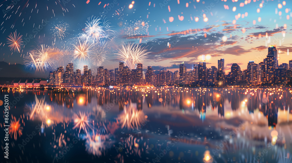 Fototapeta premium Fireworks bursting over a city skyline, reflecting on the water below, fireworks, city skyline, Independence Day, night sky, reflection, celebration, festive, patriotic
