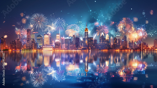 Fireworks bursting over a city skyline, reflecting on the water below, fireworks, city skyline, Independence Day, night sky, reflection, celebration, festive, patriotic