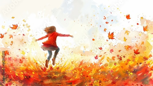 Wallpaper Mural Vibrant watercolor illustration of person joyfully jumping in colorful autumn leaves, capturing seasonal beauty and carefree spirit. Torontodigital.ca