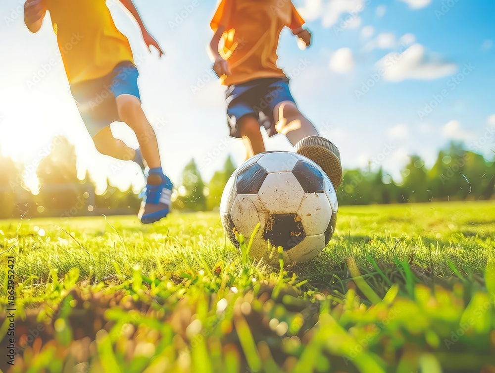 Kids playing soccer in a park, with energetic movements and enthusiastic shouts, representing the active nature of summer. Kids playing soccer in a park, with energetic movements and enthusiastic shouts, representing the active nature of summer.