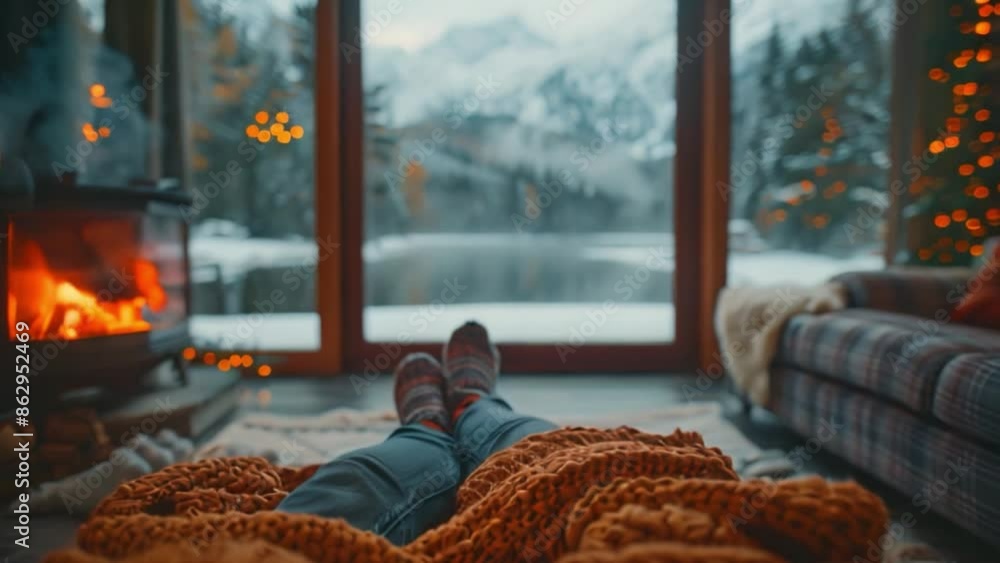 A person relaxes on the floor near a lit fireplace in a cabin with a view of snowy mountains outside the large window. A person relaxes on the floor near a lit fireplace in a cabin with a view of snowy mountains outside the large window.