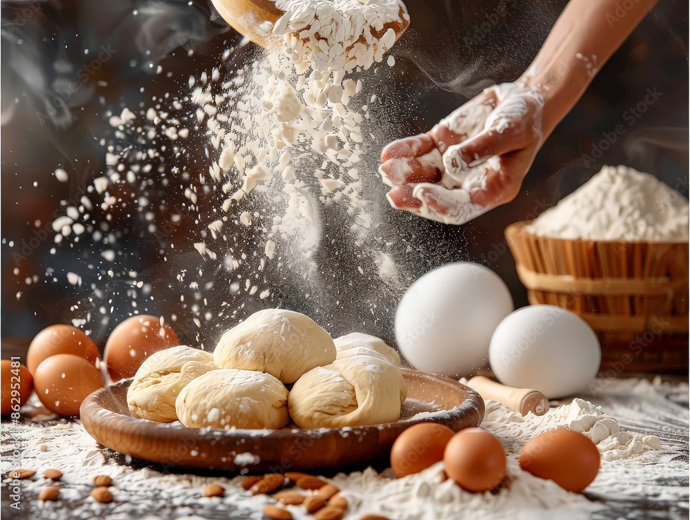 baker kneading dough in a flour-dusted kitchen, with ingredients and baking tools scattered around. baker kneading dough in a flour-dusted kitchen, with ingredients and baking tools scattered around.