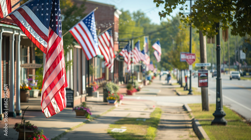 Fototapeta Naklejka Na Ścianę i Meble -  Row of American flags along a main street in a small town, American flag, main street, small town, outdoor, Independence Day, patriotic, community, festive, USA