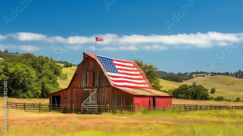 American flag displayed on a rustic barn in the countryside, American flag, barn, countryside, outdoor, Independence Day, patriotic, rural, scenic, USA