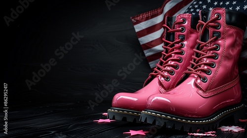 Labor Day celebration with pink work boots and American flag on a plain black background, minimalist style