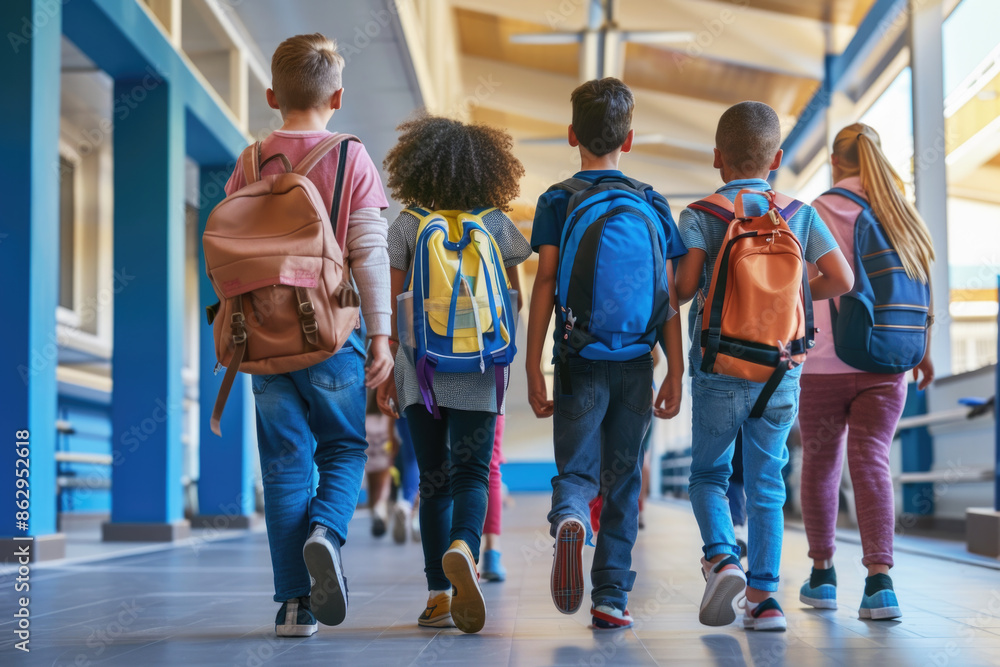 Rear view of happy pupils walking at corridor in school, back to school concept Rear view of happy pupils walking at corridor in school, back to school concept
