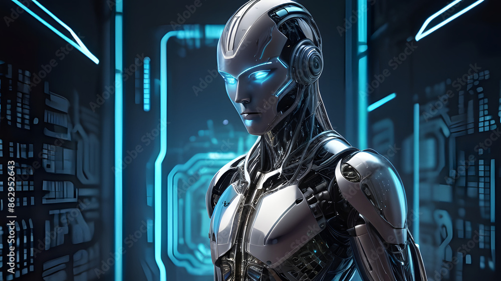 Futuristic humanoid robot with glowing blue eyes, Technology, Artificial Intelligence, Innovation Futuristic humanoid robot with glowing blue eyes, Technology, Artificial Intelligence, Innovation