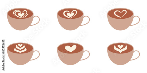 Latte art icon set. Cappuccino illustration. Coffee cup symbols set. Milk art sign.