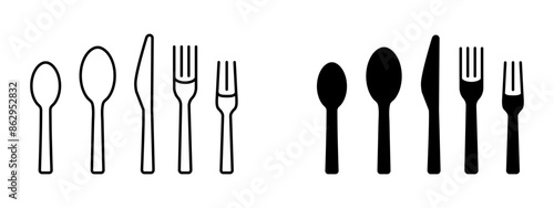 Cutlery icon. Spoon, forks, knife symbol. Tea spoon sign. Dessert fork illustration.