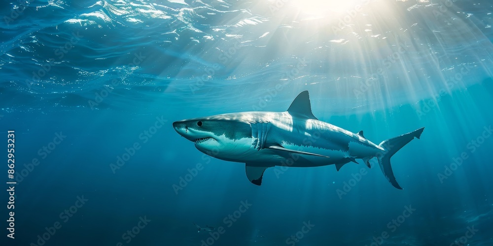Fototapeta premium A great white shark swimming in the deep blue ocean.