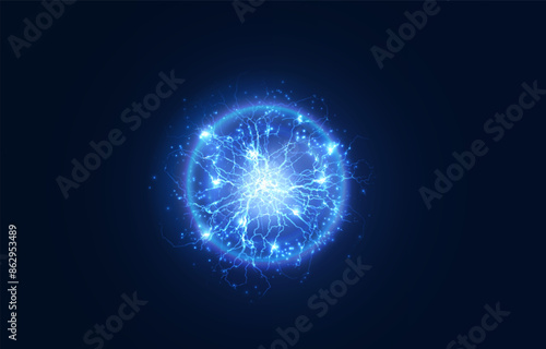 Powerful ball lightning blue png. A strong electric charge of energy in one ring. Element for your design, advertising, postcards, invitations, screensavers, websites, games.	
