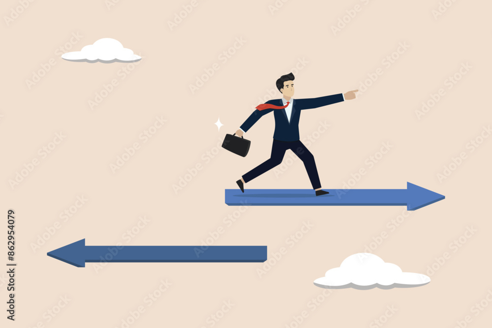 Change career, taking a different direction, looking for new opportunities, other concept options, businessman change from arrow sign to other direction. Change career, taking a different direction, looking for new opportunities, other concept options, businessman change from arrow sign to other direction.