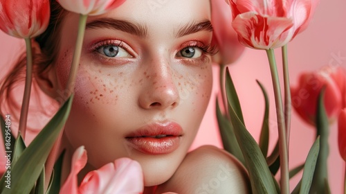 Spring themed makeup with tulips on pink backdrop