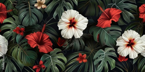 Seamless Patterns Floral Tropics: Lush, vibrant flowers and leaves intertwined in a dense, repeating tropical motif.