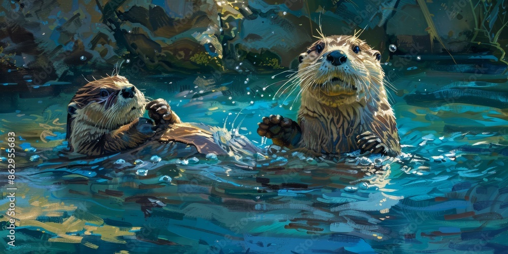 Fototapeta premium Two cute sea otters are swimming in the ocean.