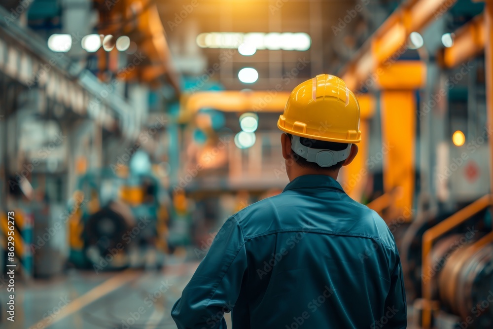 Technician inspecting machinery in factory, industrial engineer at work in production facility Technician inspecting machinery in factory, industrial engineer at work in production facility