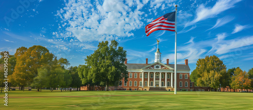 Independence Hall with the American flag prominently displayed, Independence Hall, American flag, 4th of July, historical, patriotic, heritage photo