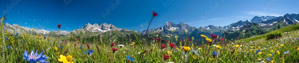 Fototapeta premium Alpine meadow filled with wildflowers the mountains in the background under a clear blue sky