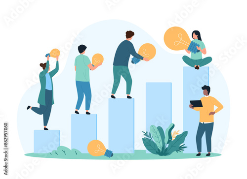 Success teamwork to create creative ideas, team building. Tiny people with different bright light bulbs climb up chart bars of sales and business growth, career ladder cartoon vector illustration